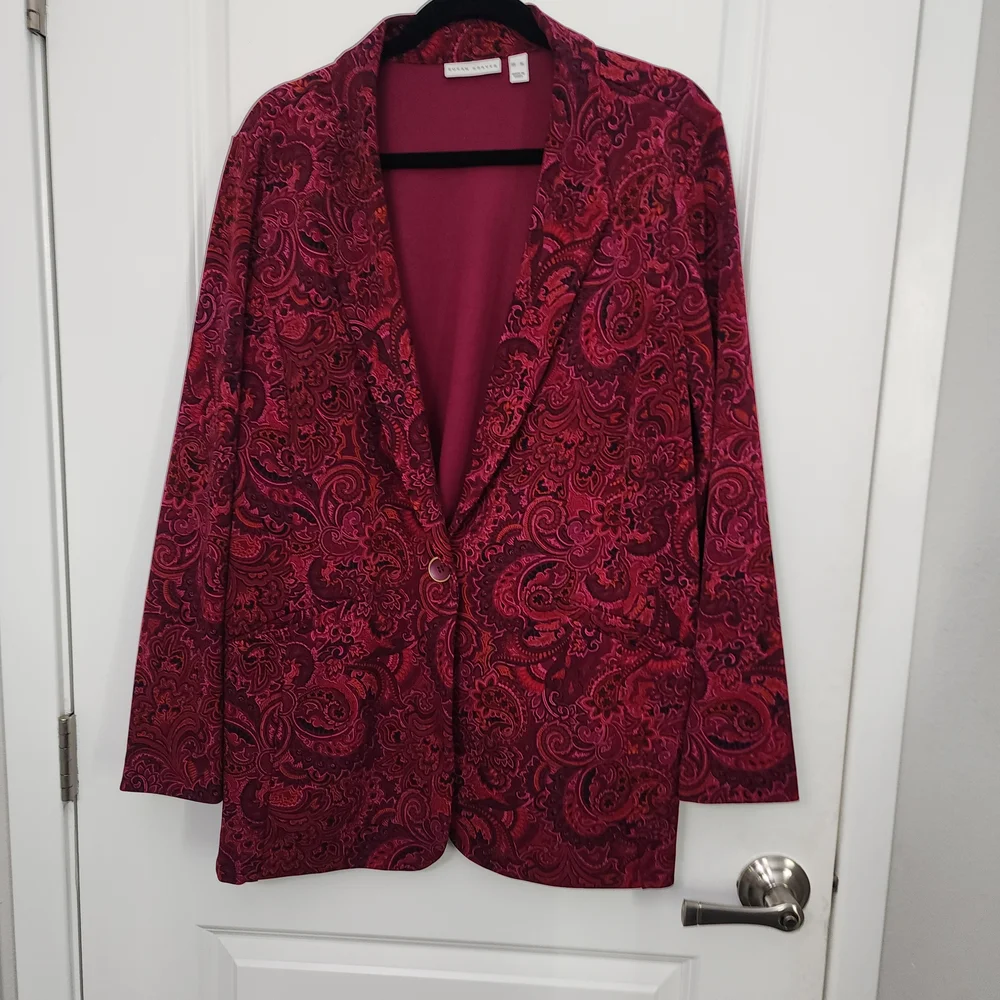 Susan Graver Paisley Burgundy Ponte Knit Blazer - Picture 2 of 7
